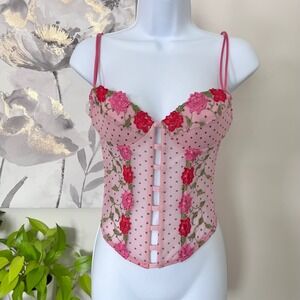 Vintage Corset Pink Mesh Floral Polka Dot Embroidered Coquette Fairy Grunge Y2K